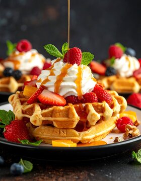 Delicious waffles topped with whipped cream and berries