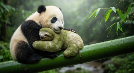Obraz premium A giant panda hugs a sloth while they sit on a bamboo branch in a lush, green forest.