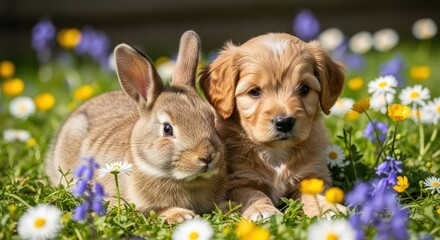 A fluffy golden retriever puppy and a brown rabbit resting together in a field of colorful wildflowers on a sunny day.