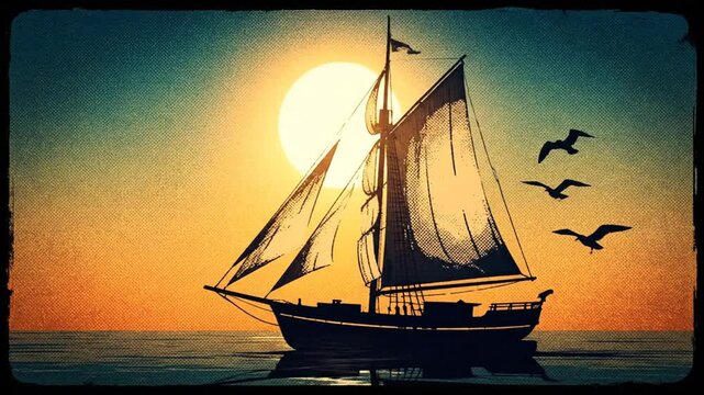 A Serene Voyage Sailboat Silhouetted Against a Sunset Ocean with Birds in Flight, an ode to the sea and sky