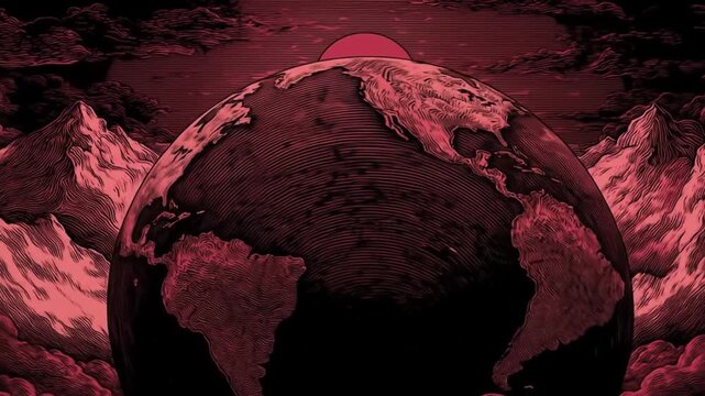 Stylized engraving of Earth and mountain landscape in red and black, with a sun overhead