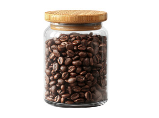 Fototapeta premium Clear glass jar filled with coffee beans, topped with a bamboo lid
