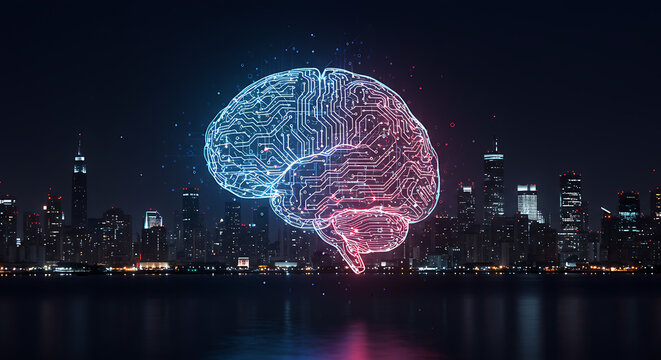 Futuristic smart city skyline at night, neon lights, AI technology theme, digital innovation concept.”
“Artificial intelligence concept, 3D render of glowing human brain made of circuits