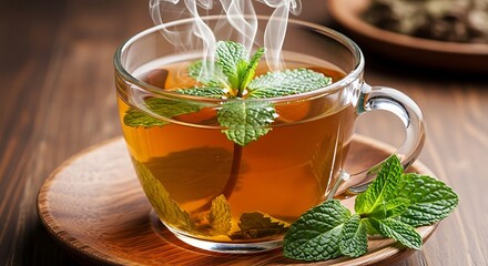 Steaming Herbal Tea with Fresh Mint in Clear Glass Cup on Wood