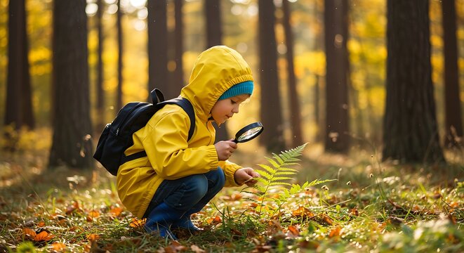 Preschooler boy is exploring nature with magnifying glass. Little child is looking on leaf of fern with magnifier. Summer vacation for inquisitive kids in forest.
