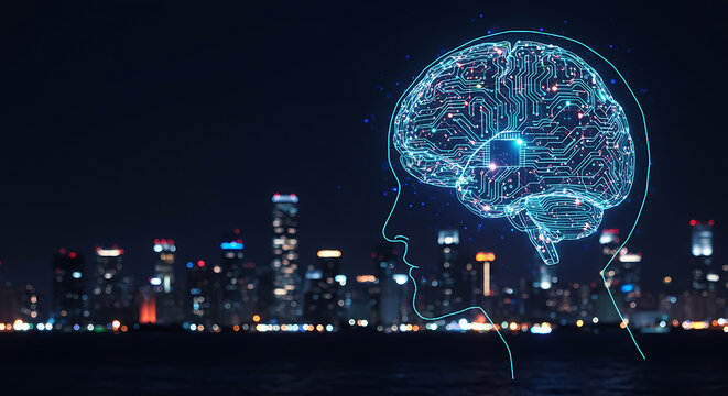 Futuristic smart city skyline at night, neon lights, AI technology theme, digital innovation concept.”
“Artificial intelligence concept, 3D render of glowing human brain made of circuits 