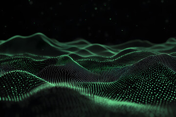 Abstract digital landscape with glowing green particles and flowing waveforms