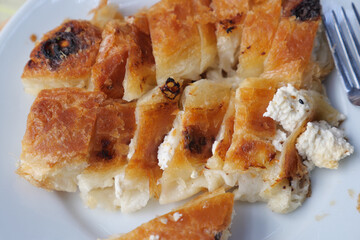 Delicious pastry with cheese served on a white plate