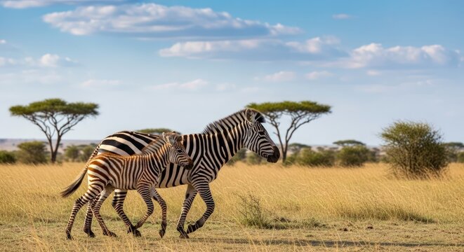 A mother zebra and her foal walk across a dry grassy savanna under a blue sky with scattered clouds.