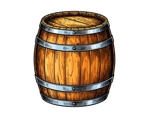 Fototapeta premium Wooden barrel illustration, detailed hand-drawn style, showing wood grain and metal bands