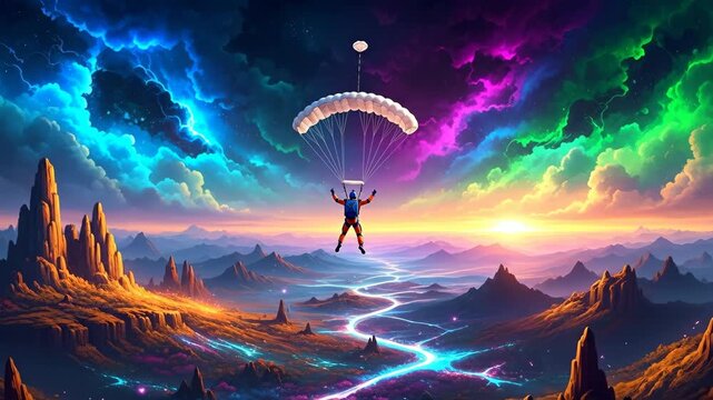 Parachutist Soaring Through Dreamlike Landscape - A parachutist descends under a vibrant, colorful sky, above a surreal landscape of mountains and a glowing river.