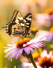 Butterfly on a flower in sunlight