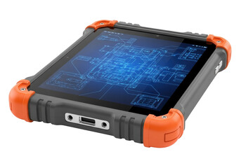Industrial-grade rugged tablet, charcoal grey, orange corners, vibrant blue technical schematic on screen, in a clean studio with white background, concept for robust field diagnostics