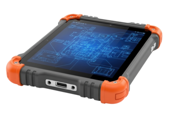 Industrial-grade rugged tablet, charcoal grey, orange corners, vibrant blue technical schematic on screen, in a clean studio with white background, concept for robust field diagnostics