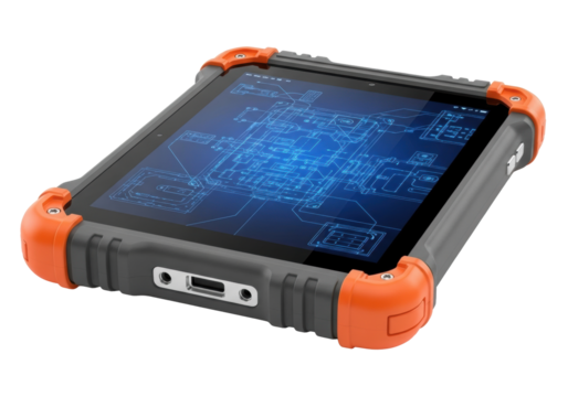 Industrial-grade rugged tablet, charcoal grey, orange corners, vibrant blue technical schematic on screen, in a clean studio with white background, concept for robust field diagnostics
