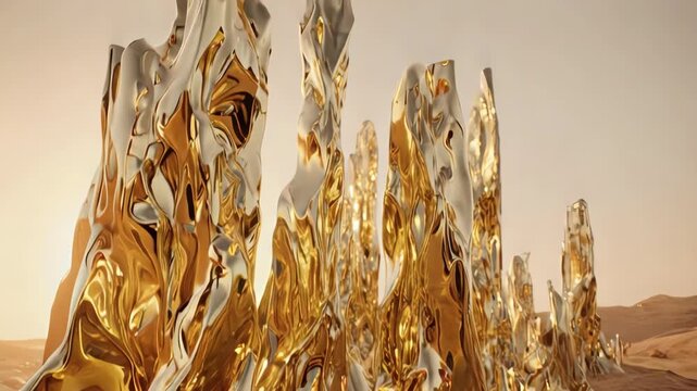 Surreal landscape of molten gold and chrome formations in a futuristic desert