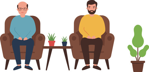Cartoon-style indoor sitting scene, two men on armchairs with potted plants, minimalist home interior illustration, editable vector design asset