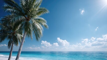 Tall Palm Trees on Sandy Beach with Turquoise Ocean under Sunny Blue Sky