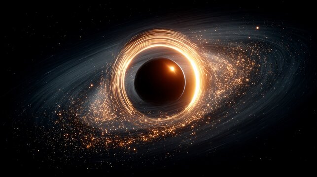 Black hole bends light with accretion disk against a dark void in space