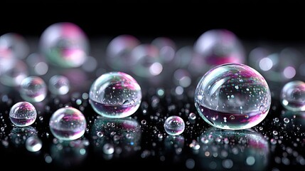 Iridescent Water Droplets Floating on Reflective Black Surface with Pink and Green Highlights and Dramatic Lighting