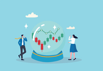 Forecast or prediction, investment opportunity, fortune teller to see stock market or economic direction, trend or business vision concept, business people look at magic sphere future market chart. © Premium Shop