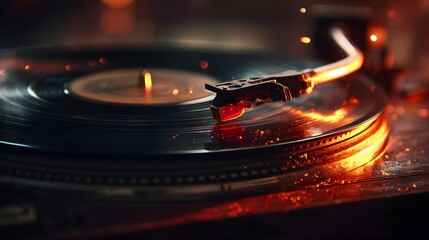 Close up of turntable with spinning vinyl record and stylus in warm glowing light, perfect for music poster, retro design
