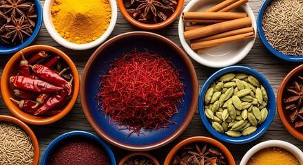 Colorful Spice Assortment Top View, Dried Herbs and Spices