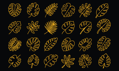 Gold Botanical Leaf Vector Set on Black – Luxury Nature-Inspired Design, Minimalist Design, Clean Vector Outline, Thin Stroke, Modern Design. © jahida3