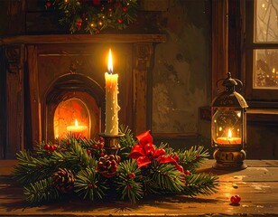 Warm Christmas hearth with candles and a lantern