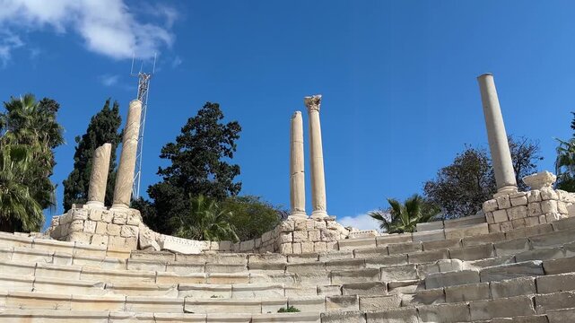 Ruins of Roman theatre with stone seating and columns at Kom El-Dikka in Alexandria
