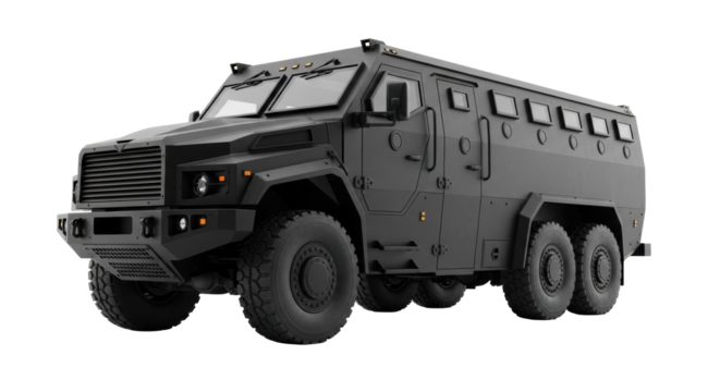 Imposing matte black tactical armored transport bus with reinforced plating, narrow windows, all-terrain tires on transparent studio background, concept of ultimate security and strength