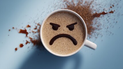 Angry coffee cup splash forming expressive face on blue background