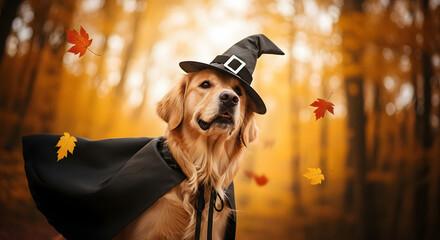 A golden retriever dog dressed in a witch's hat and cape, with colorful autumn leaves falling around it in a forest setting.