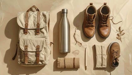 Adventure awaits with a stylish backpack, boots, and reusable water bottle laid out for a journey.