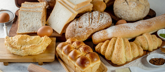Mix bread kind of cereal bakery yeast white bread, pasties, buns, rye pretzel sourdough leavened...