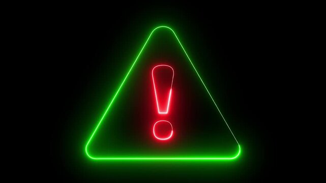 Neon warning attention icon animation glowing neon red green color danger risk alert neon error stop signal problem sign symbol with black background