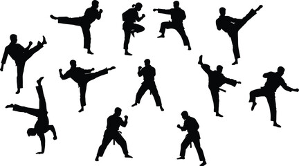 Martial arts silhouette set, cartoon fighters in kicks, punches, stances, vector illustration, combat poses, self-defense, training, agility, strength