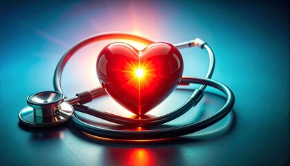 Glowing heart with stethoscope symbolizes health and medical care, radiating warmth and vitality.