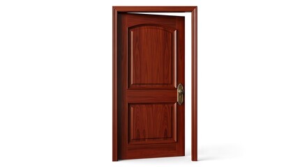 Elegant Wooden Door Slightly Ajar, Classic Design, Isolated on White.