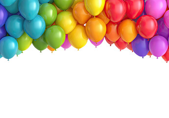 Colorful balloons fill the image, forming a rainbow border on a black background