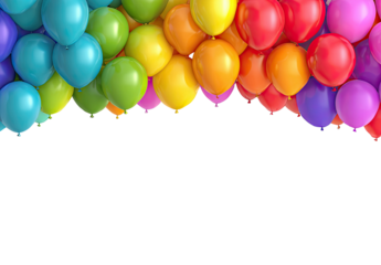 Colorful balloons fill the image, forming a rainbow border on a black background