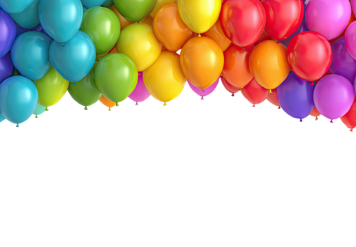 Colorful balloons fill the image, forming a rainbow border on a black background