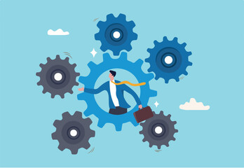 Process and workflow optimization, work improvement or increase productivity, efficiency or automation system, solve problem or solution concept, businessman on gear, cogwheels optimize process.