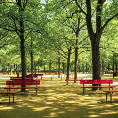 Red Benches Under Green Trees in a Sunny Park