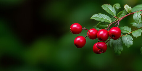 Obraz premium Vibrant red berries on a leafy branch against a dark background.