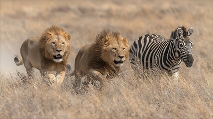 Trio of lions working together to catch an elusive zebra (1)