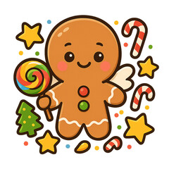 Naklejka premium a cheerful cartoon gingerbread character with a round head and a small, smiling face with big, expressive eyes and pink cheeks