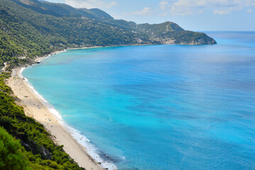 Aerial view of a beautiful Greek Ionian island Lefkada near village Agios Nikitas