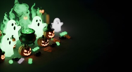 Fototapeta premium Spooky Halloween scene glowing ghosts jack-o-lanterns bubbling cauldron Night Eerie Dark Green Orange Magic Mist Trickortreat Candy