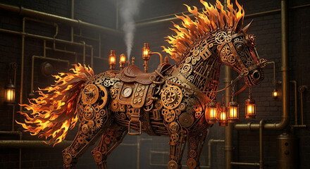 Obraz premium Majestic Steampunk Mechanical Horse with a Fiery Mane.